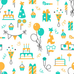 Birthday seamless flat line pattern design. Color festive party elements on white background. Balloon cupcake present cake hat whistle. Wrapping paper or wallpaper repeat tile vector illustration.