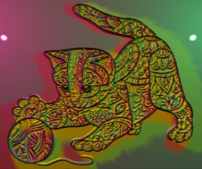3D Illustration of a cat playing with a ball. Colored in hues of purple, green and yellow. Must view at the highest dimensions to observe details.