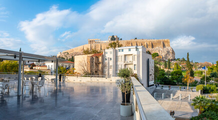 Acropolis Hill and ancient Greek ruins viewed from the rooftop terrace of the Acropolis Cafe at the...
