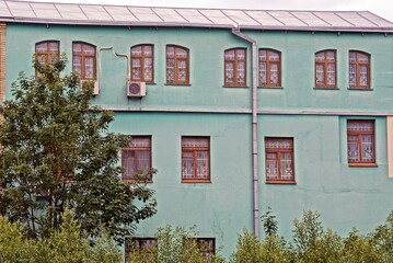 facade of a large old green house with a row of brown windows on the street among the vegetation
