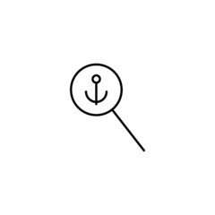 Outline symbols in flat style. Modern signs drawn with thin line. Editable strokes. Suitable for advertisements, books, internet stores. Line icon of anchor under magnifying glass