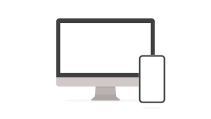 白いディスプレイのパソコンとスマホ - コンピューター･仕事のイメージ素材