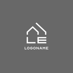 Monogram LE house roof shape, simple modern real estate logo design - obrazy, fototapety, plakaty