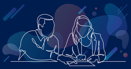 continuous line drawing of man instructing woman on work place