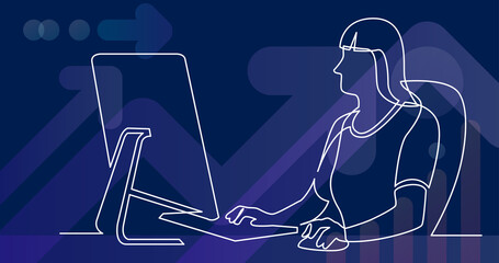 continuous line drawing of office female worker sitting working behind computer display