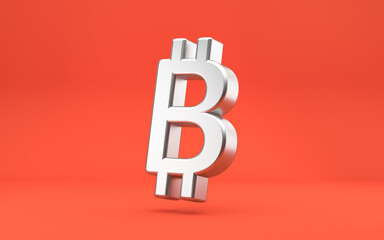 Bitcoin sign concept. Money crypto silver currency on red background. 3d rendering