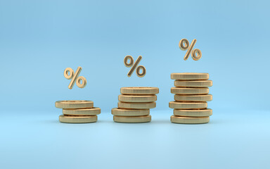 Metal coins with percent sign. Coin stacks on blue background. Financial success and growth concept. Money growing concept. Golden coin. 3d rendering