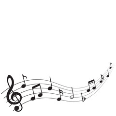 Music notes on wavy stave, musical background, vector illustration.