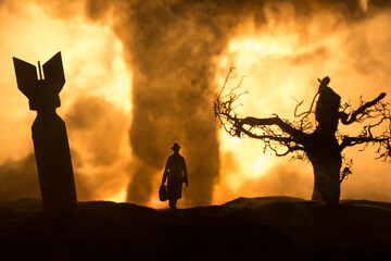 Creative artwork decoration war on Ukraine. Crowd looking on giant explosion and attacking soldiers.