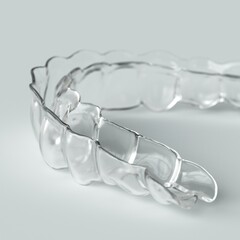 Clear invisible aligner, braces close up 3D render