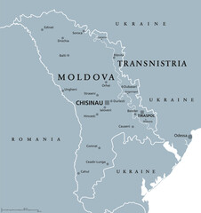Moldova and Transnistria, gray political map. Republic of Moldova, with capital Chisinau, and Pridnestrovian Moldavian Republic, PMR, a disputed and unrecognized breakaway state with capital Tiraspol. - obrazy, fototapety, plakaty