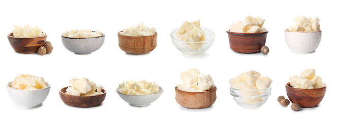 Set of bowls with shea butter isolated on white - obrazy, fototapety, plakaty