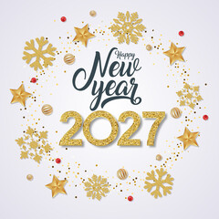 2027 Happy New Year in golden design, Holiday greeting card design.