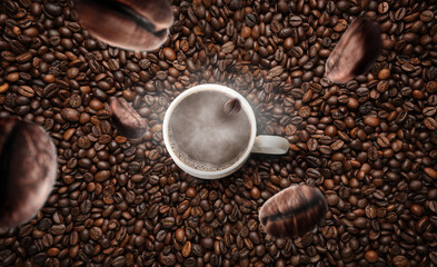 Cup of hot coffee on roasted beans, top view
