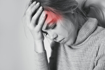 Young woman feeling headache on light background