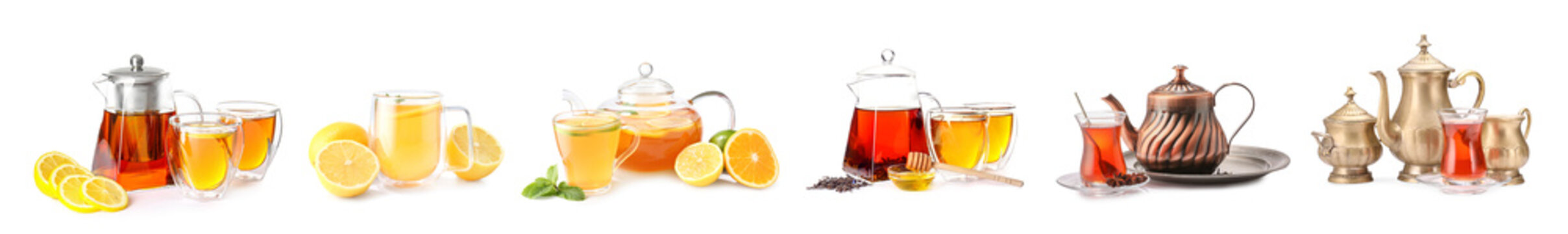 Set of brewed aromatic tea on white background