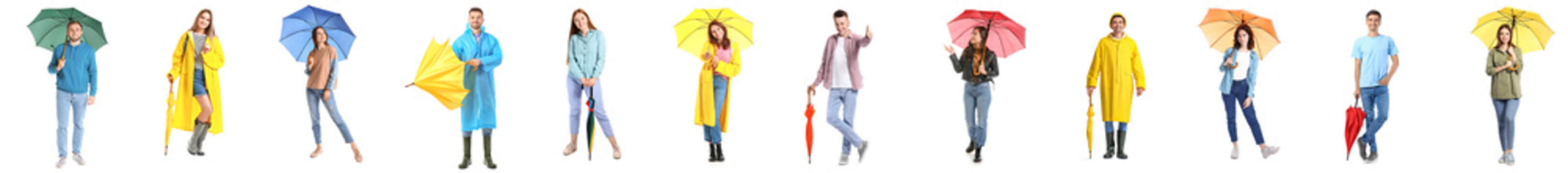 Set of many people with umbrellas isolated on white