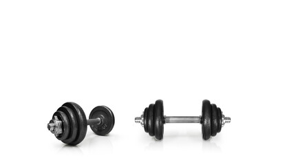 Fototapeta na wymiar Metal dumbbells. Isolated on white background. Gym, fitness and sports equipment symbol. Area for entering text