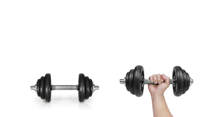 Fototapeta na wymiar Metal dumbbells. Isolated on white background. Gym, fitness and sports equipment symbol. Area for entering text