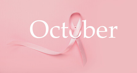 Pink ribbon and word OCTOBER on color background. Breast cancer awareness month