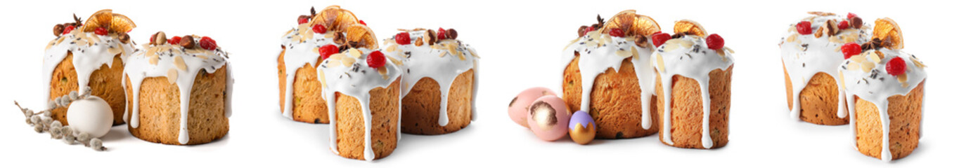 Set of tasty Easter cakes and eggs isolated on white