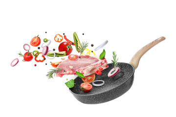 Flying frying pan with raw meat, vegetables and spices on white background