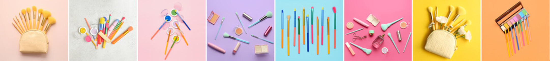 Set of decorative cosmetics and makeup brushes on colorful background, top view