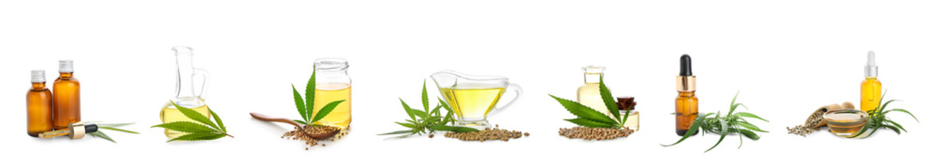 Set of healthy hemp oil on white background