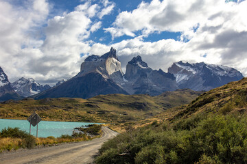 Road to the viewpoint Los Cuernos , Torres del Paine national park in chilean Patagonia