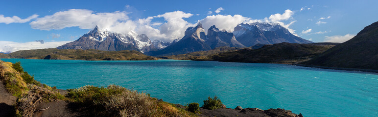 Panoramic view of Pehoe lake in Torres del Paine national park