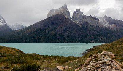 Panoramic view of Pehoe lake in Torres del Paine national park