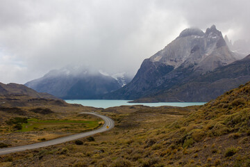 Road to the viewpoint Los Cuernos , Torres del Paine national park in chilean Patagonia