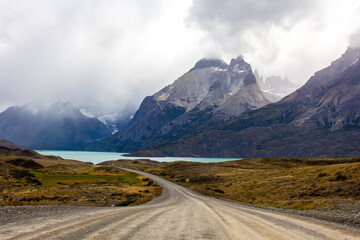 Road in chilean national park in Patagonia Torres del paine