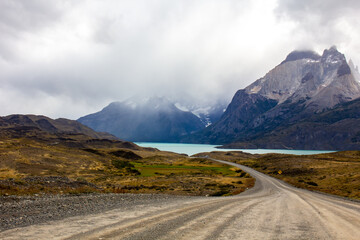 Road in chilean national park in Patagonia Torres del paine