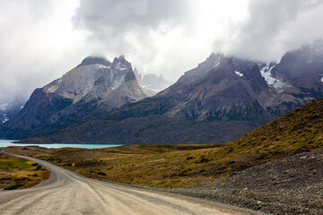 Road in chilean national park in Patagonia Torres del paine