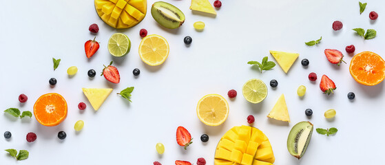 Sweet tropical fruits and berries on light background