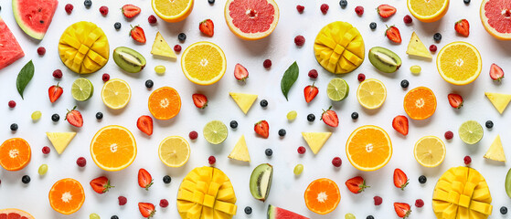 Sweet tropical fruits and berries on light background - obrazy, fototapety, plakaty