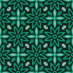 Bold geometric floral seamless tile vector pattern. Vibrant, tropical, jungle green flowers in an abstract geo style. Modern, trendy, fun repeat print. Background, wallpaper, graphic, texture. 