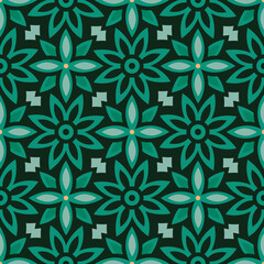 Bold geometric floral seamless tile vector pattern. Vibrant, tropical, jungle green flowers in an abstract geo style. Modern, trendy, fun repeat print. Background, wallpaper, graphic, texture. 