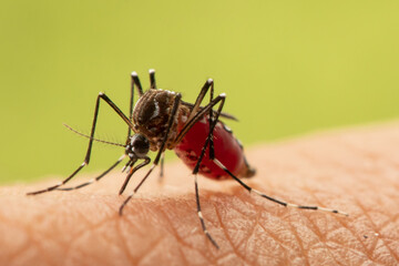 Aedes aegypti Mosquito. Super macro close up a Mosquito sucking human blood,