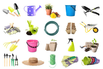 Set of many gardening tools isolated on white