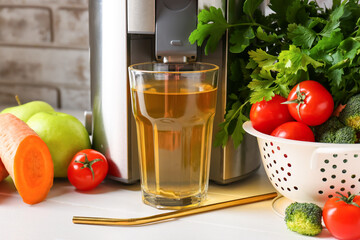 New modern juicer and glass of fresh juice on table