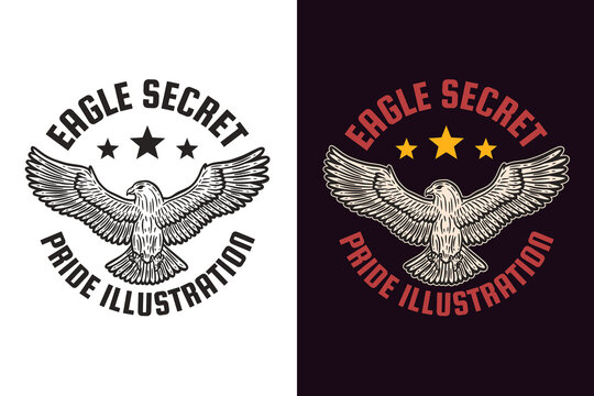 Set Dark illustration Eagle Bird Head and Pose Hand drawn Hatching Outline Symbol Tattoo Merchandise T-shirt Merch vintage