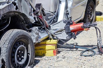 Jaws of life used to dismantle a car