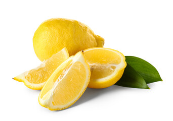 Lemons with leaves on white background