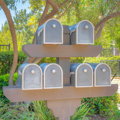 Square Mailboxes rack at Ladera Ranch in Southern California