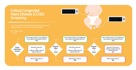 Critical congenital heart defects (CCHD) screening infographic. Newborn pulse oximetry monitoirng protocol to evaluate CCHD. 