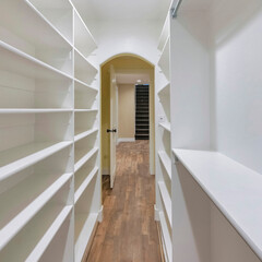 Square Narrow walk in closet with wood flooring and shelving units