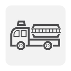 Fire engine vector icon. May called fire truck, firetruck. Emergency vehicle with siren light from fire department for rescue city with water, firefighters or fireman, equipment tool i.e. ladder, hose