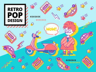 レトロポップなデザインのファンシーアイコン セット